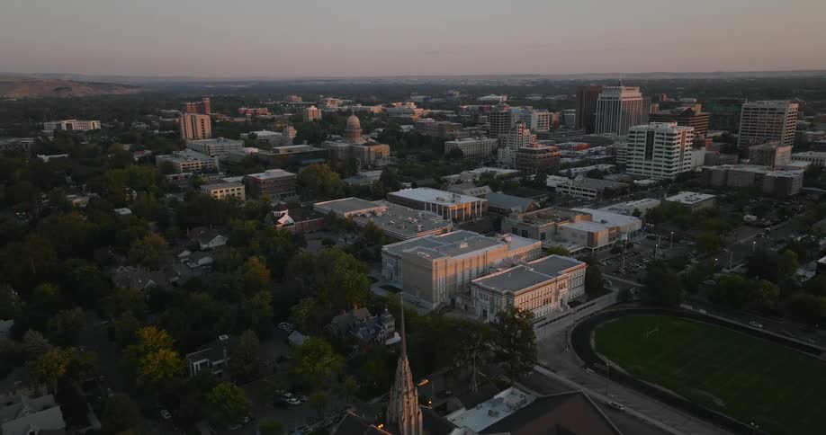 An aerial of a playing field in a city with trees and suburb areas