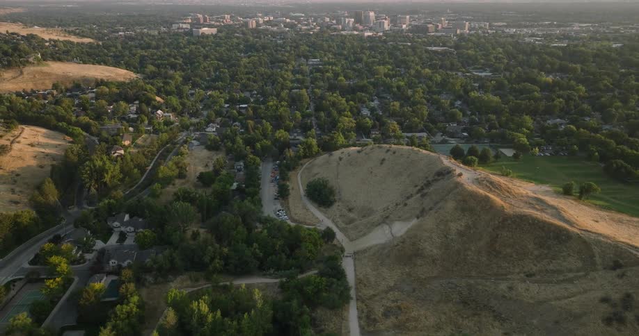 Residential neighborhood heavily dotted with trees surrounds hills a distance from downtown