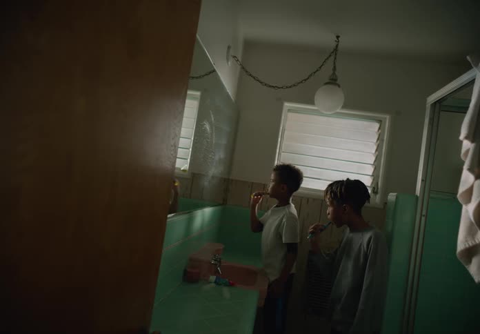Young boys brushing their teeth together in the bathroom at home