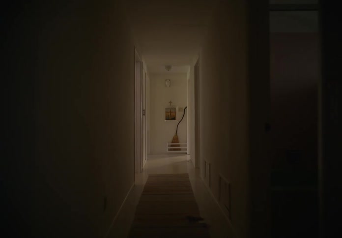 A hallway in a house with a rug down the middle and a broom at the end of the hall