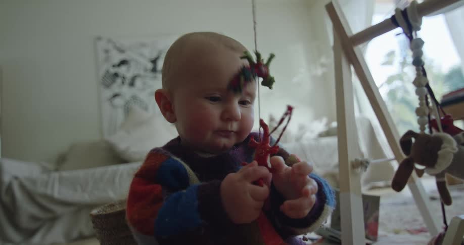A baby is sitting on the living room floor playing with toys