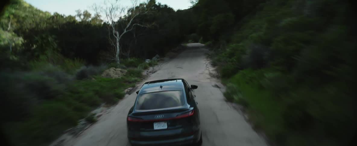 A black automobile travels on a mountain forest road