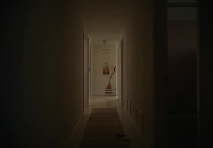 A hallway in a house with a rug down the hall and door ways at the end