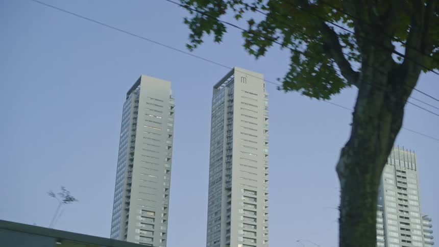 View looking up at tall towers through the trees under a clear blue sky