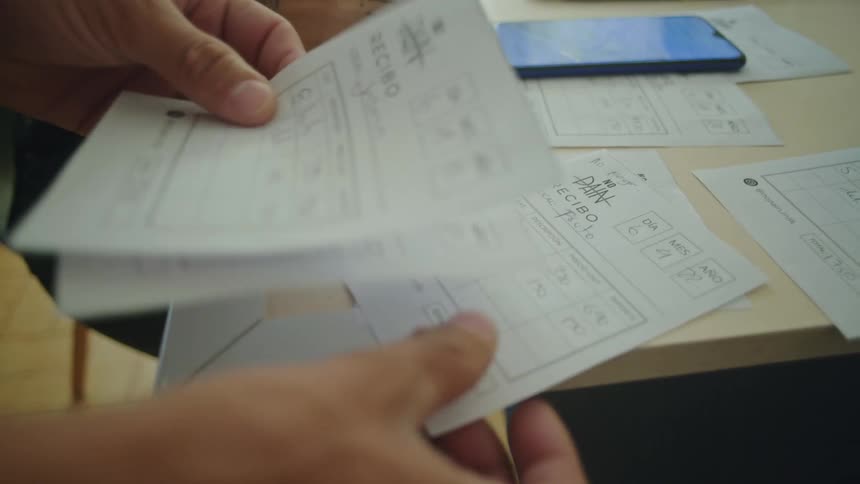 A man looks over sheets of paper spread out on a table