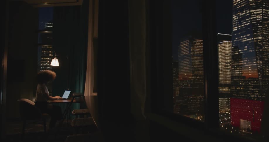 A woman is using her laptop by a window showing the skyline