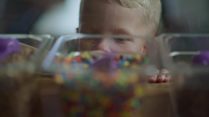 A child peeks over a counter to look at colorful candy in a plastic bin
