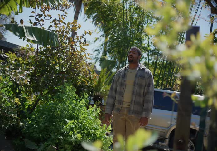 Man briefly stops on sidewalk in yard before walking away from vehicle toward house