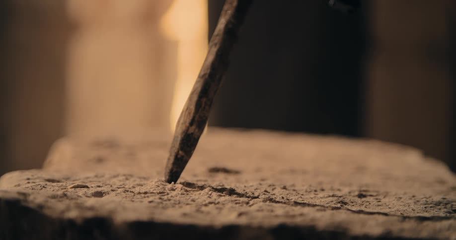 A person is chiseling the stone