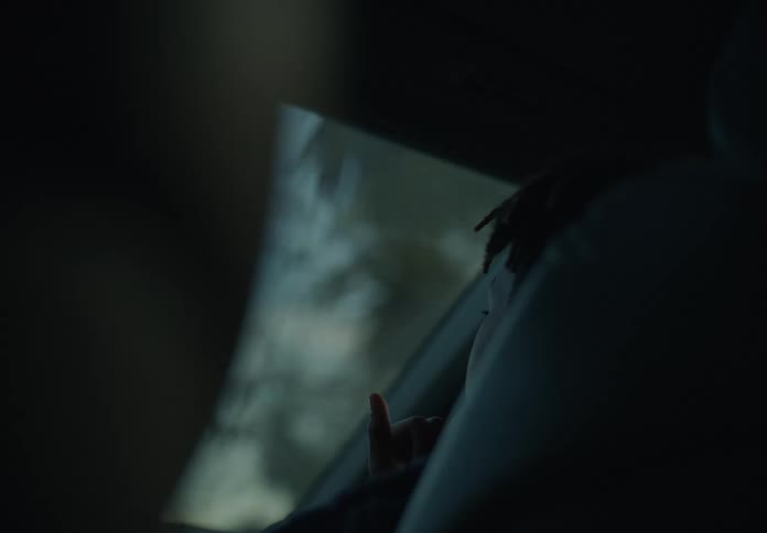 Boy with dreadlocks travels by car at dusk