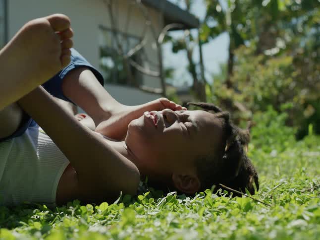 Two brothers play fight on the lawn outside their house