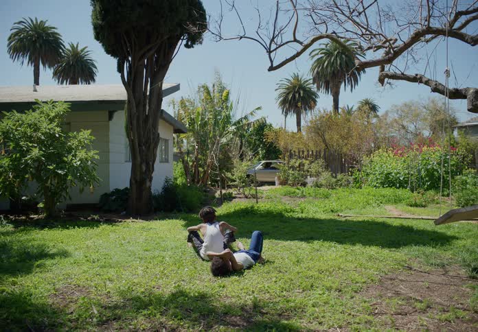 Two boys are sitting on their lawn as a pickup truck pulls into the driveway