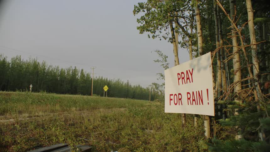 A sign on trees in the woods says to pray for rain