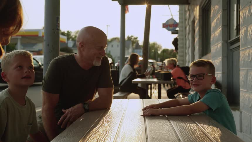 Happy family sitting together on a restaurant in a small town at evening