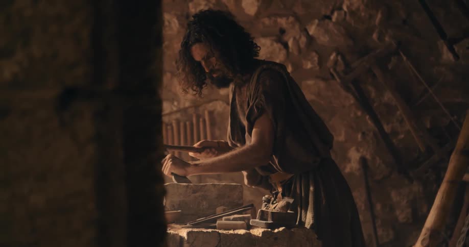 A man repositions a block of stone on a table before using a hammer and chisel to carve it