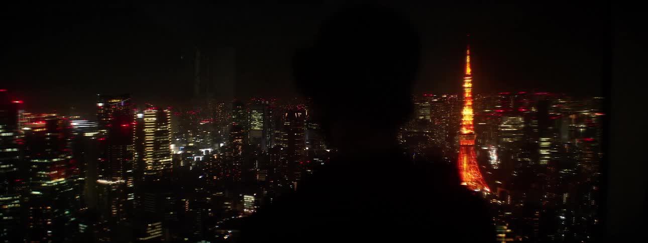 A person looking out to a city view in the night time