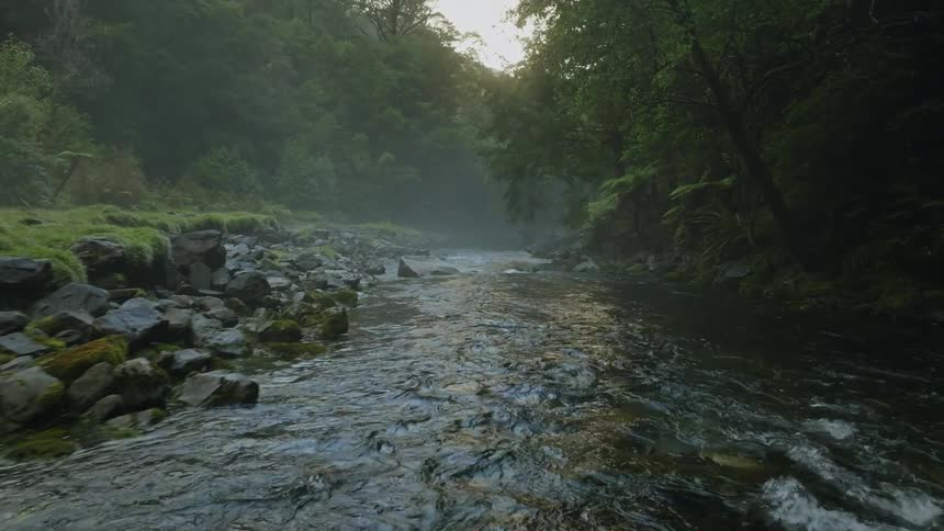 Grass grows along the riverbank as the stream runs over rocks into the forest