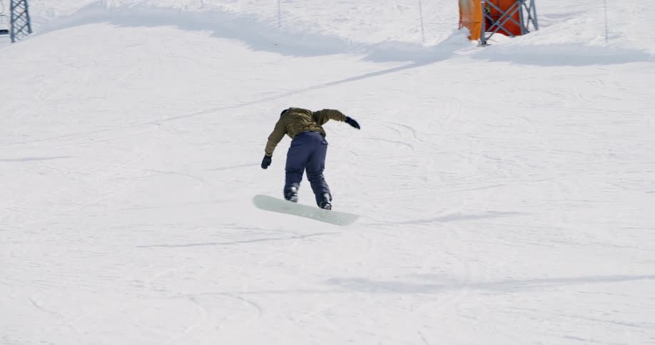 Snowboarding riding and spinning down a slope