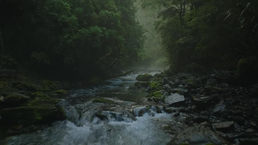 Water splashes as a stream runs over moss covered rocks in the forest