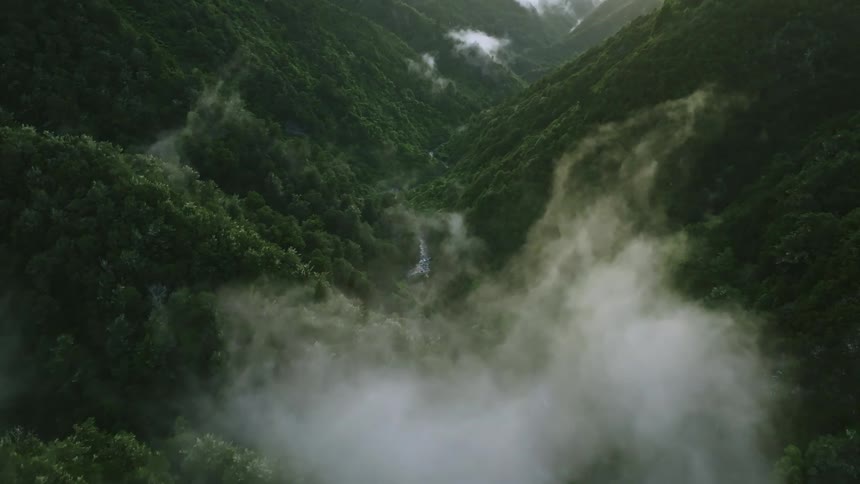 Aerial view over green valley with low cloud cover or mist during the day