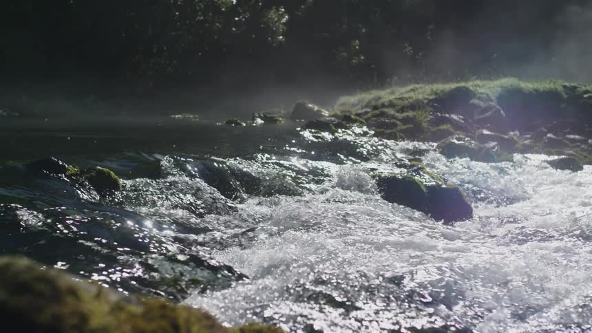 The sun shines on sparkling splashing water as the stream flows over moss covered rocks