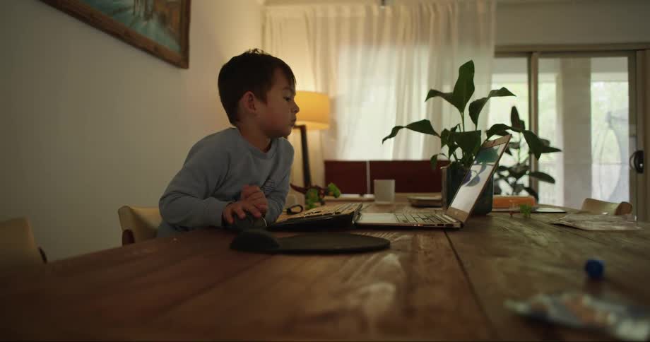 A boy uses a wireless mouse to operate a laptop while sitting at a table indoors during the day