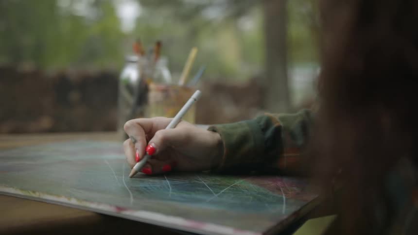Young woman with long hair paints over canvas using a white colored pencil in the backyard