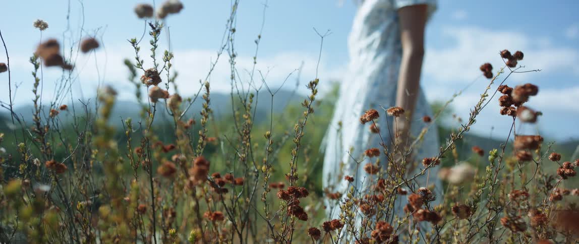 Female stands in field of wildflowers with mountain in the distance