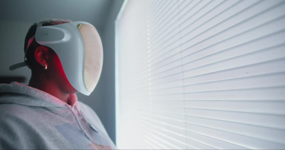 A woman wears a red light therapy face lamp while standing next to a window