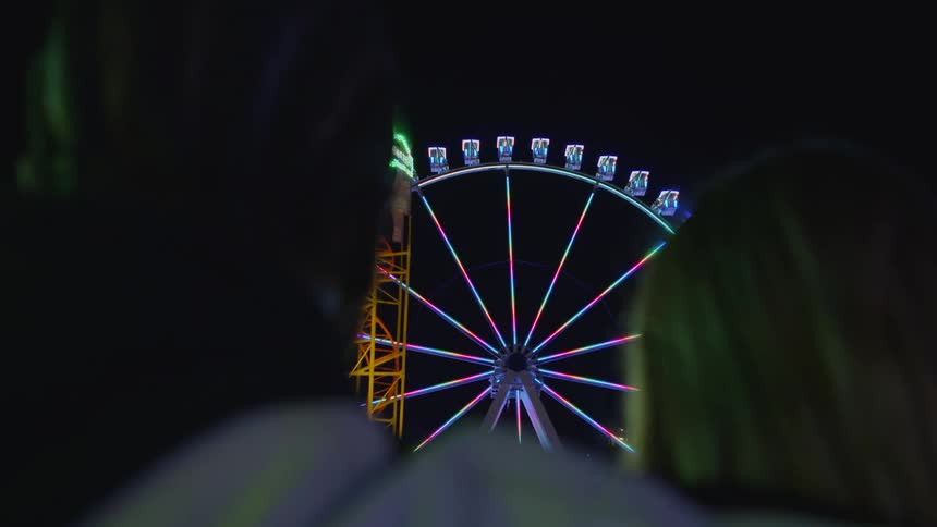 Back of a couple looking at a colorful ferris wheel on an amusement park at night
