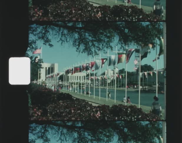 The flags of many countries fly in a park as people walk on the sidewalk and sit along the side of the reflecting pool