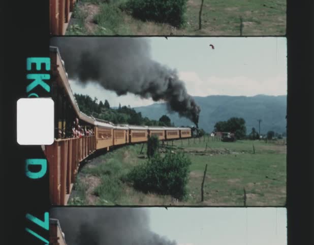 Steam train runs along railway track