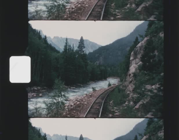 Train tracks hug base of cliff and parallel river with mountains in the background