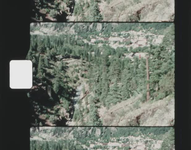 An aerial shot of a forest below a mountain range