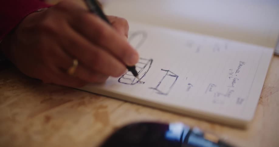 A persons hand is seen holding a pen and drawing on a notepad