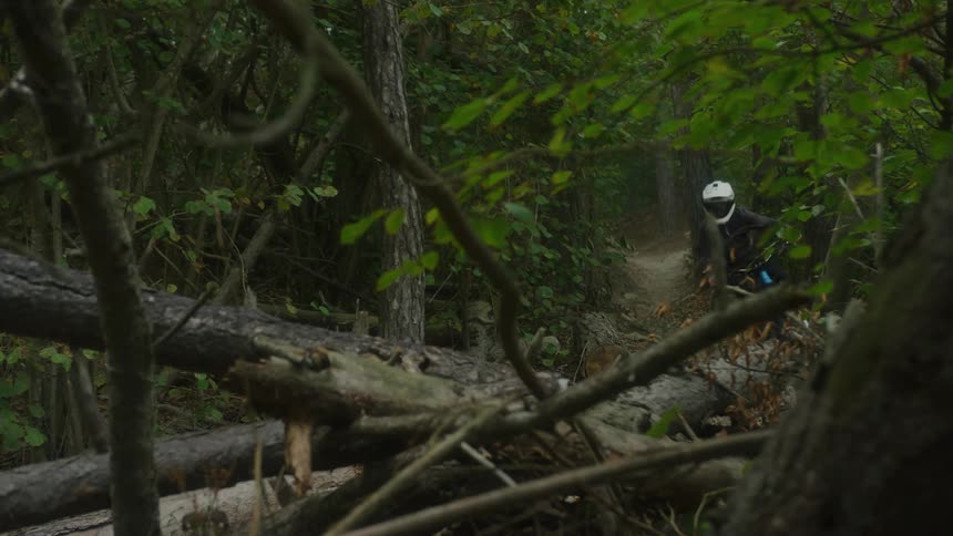A person is dirt biking through a forest landscape