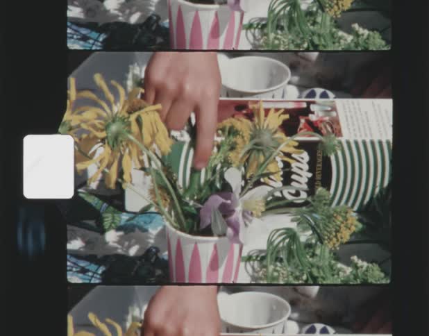 A person reaches down and tends to a small cup with flowers in it