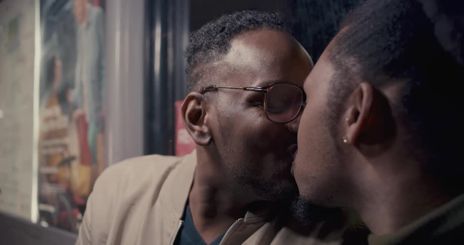A couple of men in a romantic mood smiling and kissing on the mouth