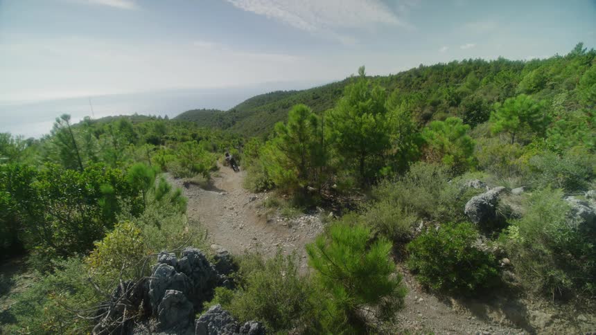 A male is riding his bike through a landscape in spring