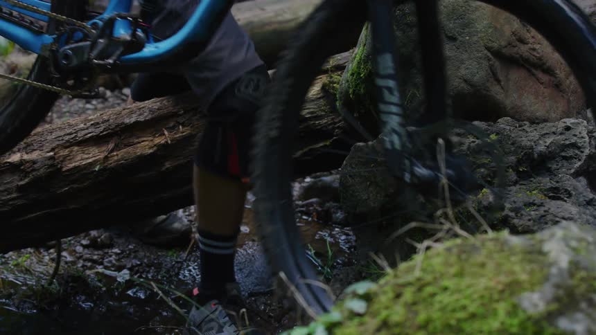 Biker carrying mountain bike gets over fallen tree in the forest
