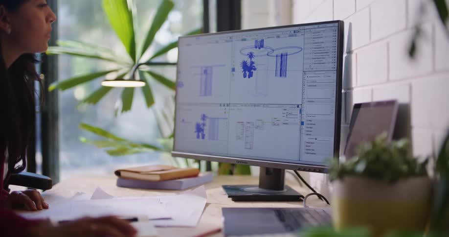 A woman is looking at a diagram on her computer