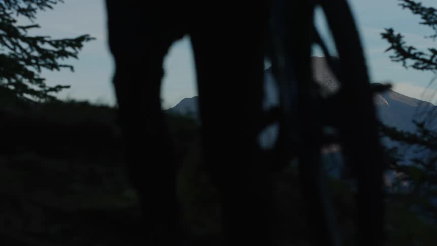 A person hiking up a mountainside with a mountain bike