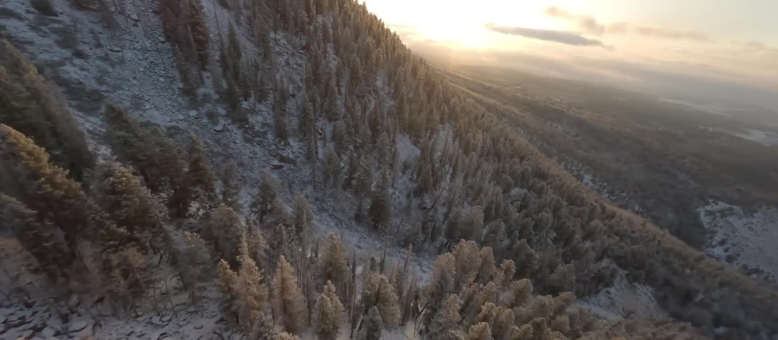 An aerial view of a snowy forest landscape in mountains
