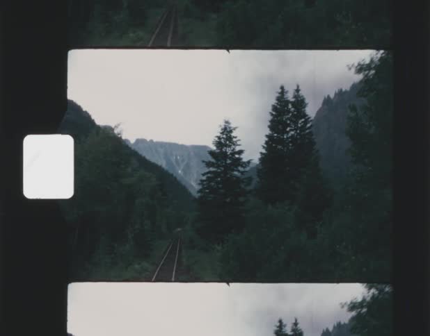 Vintage footage view from the caboose of train watching the train tracks surrounded by woods