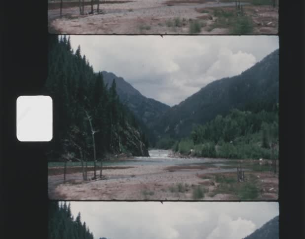 Landscape of river flowing through mountain forests on a cloudy day