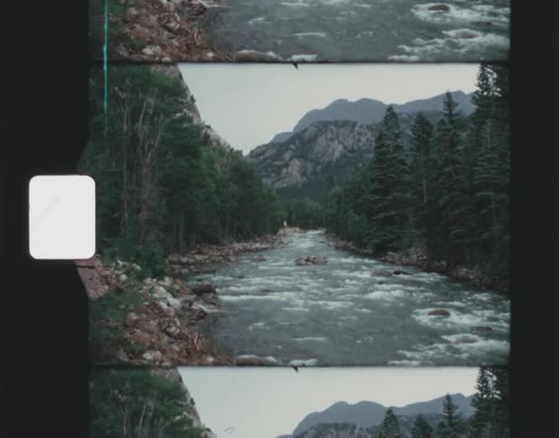 Film footage of a river in a wooded area is displayed
