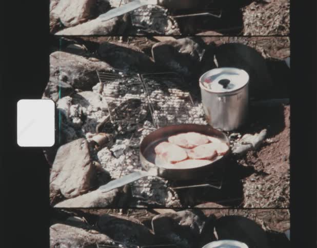 A pan of food cooking over a campfire