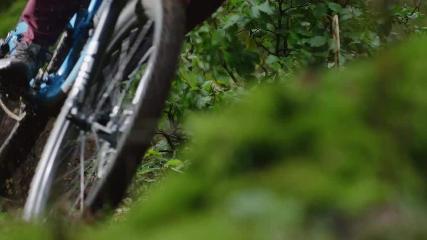 Close up view of a person riding a bike through nature