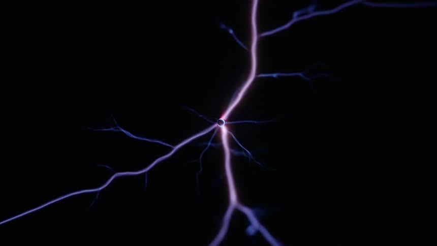Lightning twists and rotates and glows in purple and pink as it moves wildly in the darkness