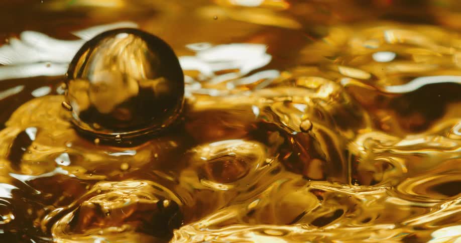 Clear orbs fall into a golden liquid and droplets fly into the air as they splash